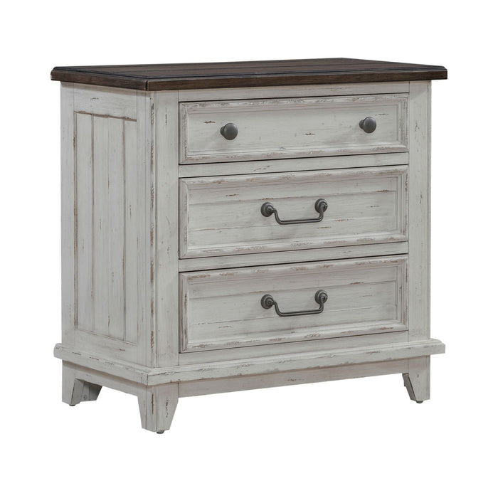 River Place 3 Drawer Nightstand with Charging Station in Riverstone White and Tobacco