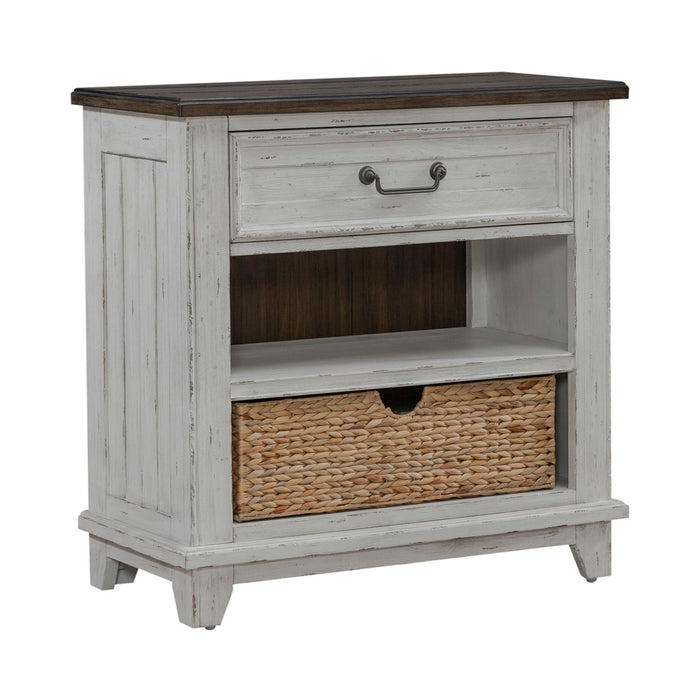 River Place Bedside Chest with Charging Station in Riverstone White and Tobacco