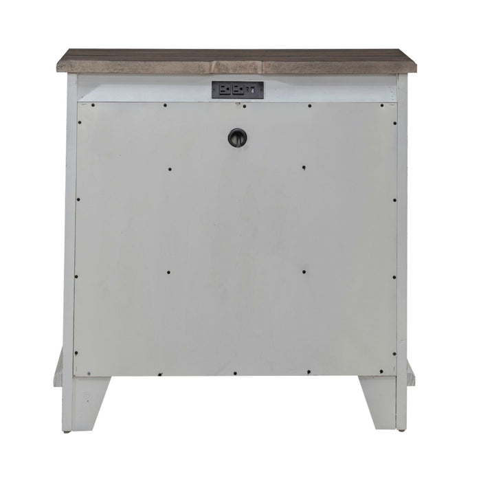 River Place Bedside Chest with Charging Station in Riverstone White and Tobacco