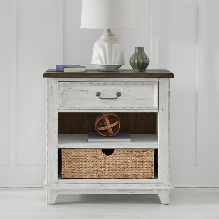 River Place Bedside Chest with Charging Station in Riverstone White and Tobacco image