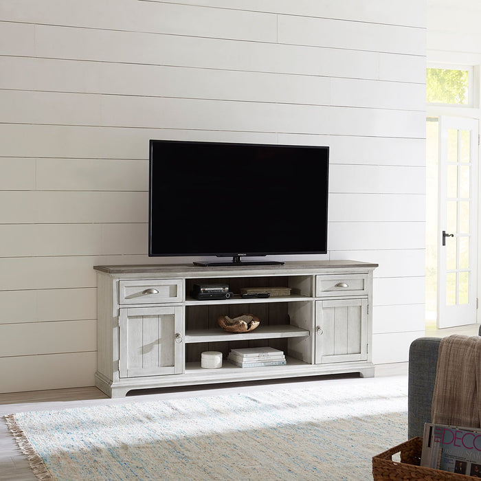 Ocean Isle 72 Inch Entertainment TV Stand in Antique White with Weathered Pine image