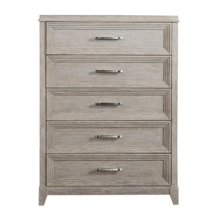 Belmar 5 Drawer Chest in Washed Taupe and Silver Champagne