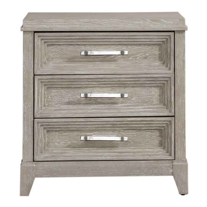 Belmar 3 Drawer Nightstand in Washed Taupe and Silver Champagne